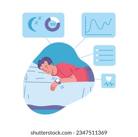 Man peacefully sleeping with smart watches, flat vector illustration isolated on white background. Sleep tracking watches. Charts and graphics of sleep quality.