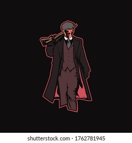 Mann mit spitzengebeultem Flachhut und Deckmantel und bringt Pistole in seine Schulter 
 E-Sport-Maskottlogo, StraßenGangster-Logo-Maskottchen