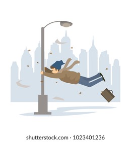 man pedestrian is blown away by the strong stormy wind in the city, natural disaster weather graphic