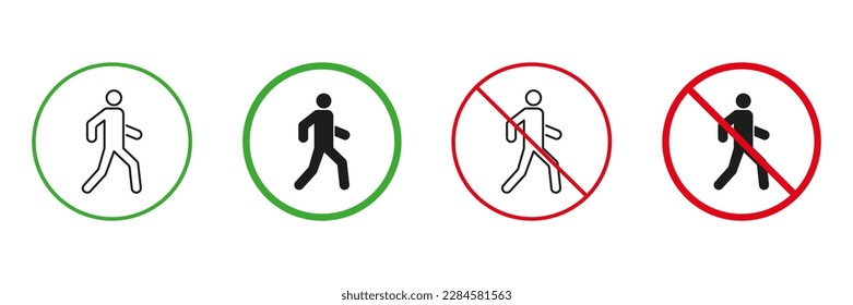 Man Pedestrian Red and Green Road Warning Signs. People Walk Through Street Line and Silhouette Icons Set. Entrance Pedestrian Permit and Not Allowed Traffic Signs. Isolated Vector Illustration.