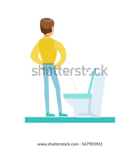 Man Peeing In The Tolet, Part Of People In The Bathroom Doing Their Routine Hygiene Procedures Series