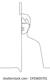 Man Peeking Around The Corner - One Line Drawing. The Concept Of Peeping, Spying, Stalking, Watching From Under Cover, Poor Cover, Peeping At Someone