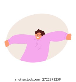 Homem olhando por trás do círculo, redondo, dizendo oi, olá. Ilustração de vetor desenhada à mão.