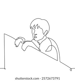 man peeking out from behind a wall or partition - one line art vector. concept of peeping, spying
