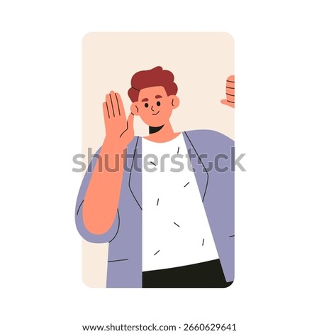 Man peeking out from behind wall, smiling and waving hand, greeting gesture. Happy friendly young male peeping, hiding, saying hi, hello. Flat vector illustration isolated on white background