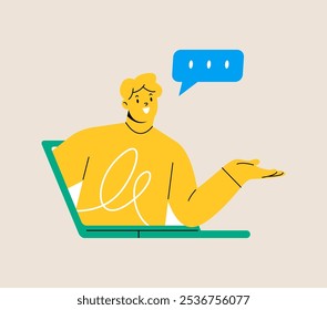 Man peeking out of laptop computer screen. Virtual call concept. Colorful vector illustration
