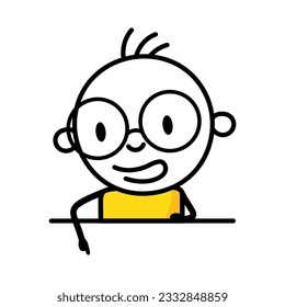 Man peeking out and points his finger at the empty space. Cartoon figure drawing concept illustration. Vector stock illustration.