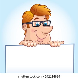 Man Peeking Over A Blank Sign