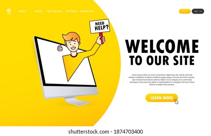 Man peeks out computer and holds the sign that asks Need Help. Support service. Website. Welcome to our site. Vector, illustration.