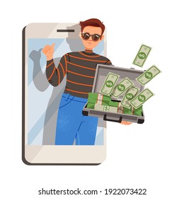 Man Peeped out from Smartphone Screen with Suitcase Full with Dollar Banknotes as Budget Flow Vector Illustration