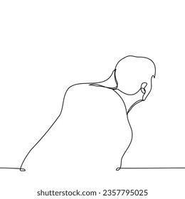 man peeping crouching and holding his hand against the wall - one line art vector. concept curious, peep or eavesdrop