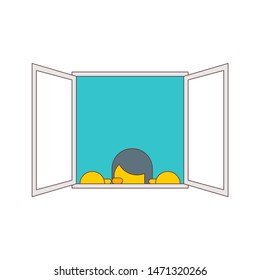 Man Peeps out window isolated. vector illustration