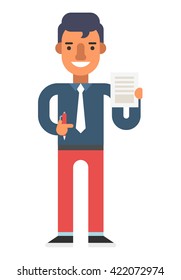 Man with pen and document in hands. Red pants, blue shirt. Coloured flat vector illustration isolated on white background.