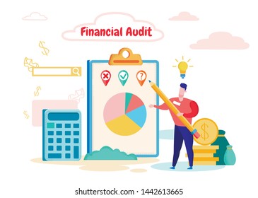 Man with Pen in Hand on Background Notepad with Picture Chart. Financial Audit. Study Graphics Diagrams. Hand Over General Report. Successful Business. Vector illustration. Analysis and Statistics.