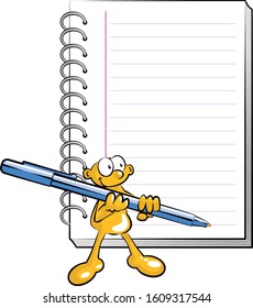 Man with pen in his hands with copy space to write a personalized message on a spiral notebook. Illustration in cartoon style. Vector drawing in EPS 10.