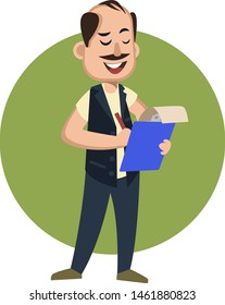 Man with pen and notebook, illustration, vector on white background.