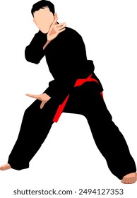 Man in pencak silat uniform and red belt in defensive position 