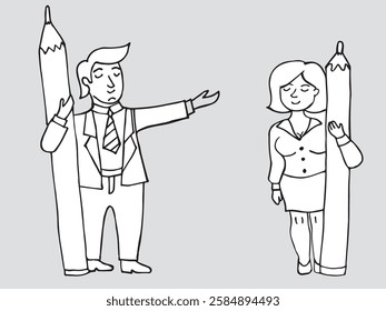 man with pencil, boss, man in suit, woman with pencil, sketch, caricature, hand drawing