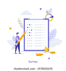 Man with pencil filling in paper form or asking questions in questionnaire. Concept of public survey, customer review, rating or score, consumer's opinion, market research. Flat vector illustration.