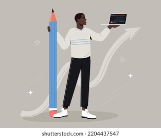 Man with pencil. Graphic design with laptop creates graphic elements for website. Remote employee and work on Internet. Modern technologies and digital world. Cartoon flat vector illustration