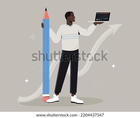 Man with pencil. Graphic design with laptop creates graphic elements for website. Remote employee and work on Internet. Modern technologies and digital world. Cartoon flat vector illustration