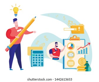 Man with Pencil in Hand Panning Increase Company Profits. Financial Audit. Business Solutions. Study Graphics Diagrams. Vector illustration. Graph and Chart on Sheet Notepad. Analysis and Statistics