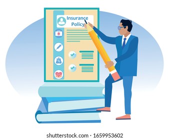 Man with Pencil in Hands near Insurance Policy and Books. Vector Illustration. Reliable Protection. Insurance Case. Insurance Agent in Blue Business Suit Consider Insurance Policy.