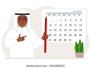 Un hombre con un lápiz en la mano crea un calendario. Planificación y gestión del tiempo, planificación responsable de reuniones y eventos de los empleados. Ilustración plana del vector