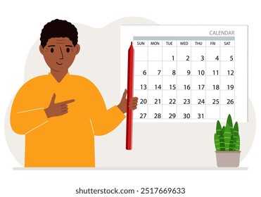 Um homem com um lápis na mão cria um calendário. Planejamento e gerenciamento de tempo, funcionários responsáveis planejam reuniões e eventos.
