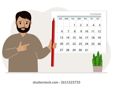 A man with a pencil in his hand creates a calendar. Planning and time management, responsible employee plans meetings and events. Vector flat illustration