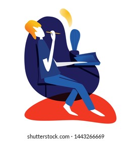 A man with a pencil in his hand sits in a pensive pose. Vector hand drawn illustration