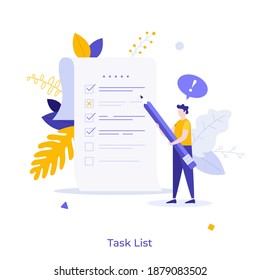 Man with pencil marking completed tasks on to-do list. Concept of time management, work planning method, organization of daily goals and accomplishments. Flat vector illustration for banner, poster.