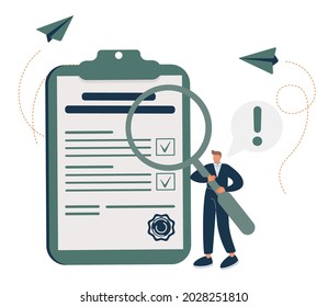 Man with pencil marking completed tasks on to-do list. Concept of time management, work planning method, organization of daily goals and accomplishments. Flat vector illustration for banner, poster.