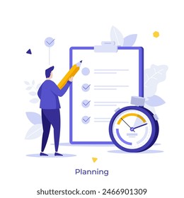 Man with pencil marking done tasks in To Do list. Stopwatch and daily planner. Planning concept flat vector illustration. Person scheduling important events cartoon character colour composition