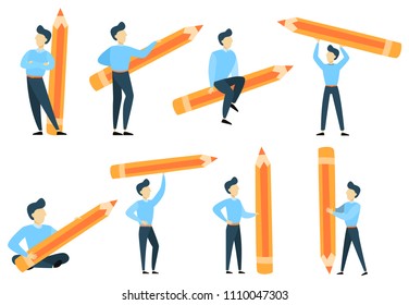 Man with pencil set on white background.