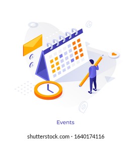 Man with pencil standing in front of calendar or planner. Concept of monthly event planning, time management, scheduling, organizing business timetable. Modern colorful isometric vector illustration.