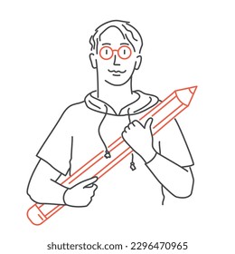 Man with pencil, web design and development. Hand drawn vector illustration.