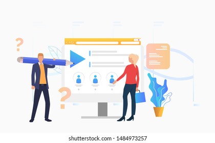 Man with pencil and woman standing at computer monitor vector illustration. Distance learning, examination, webinar. Online courses concept. Can be used for webpages, presentations, banners
