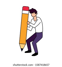 man with pencil to write on white background vector illustration design
