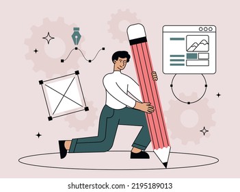 Man with pencil. Young guy makes circle. Graphic designer working on project, creativity and art, creative person in workplace. Website or program interface. Cartoon flat vector illustration