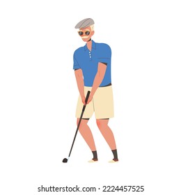 Man Pensioner Character in Glasses with Club Playing Golf Engaged in Hobby Activity on Retirement Vector Illustration