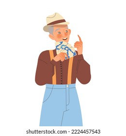 Man Pensioner Character in Hat Playing Cards Game Engaged in Hobby Activity on Retirement Vector Illustration