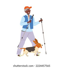 Man Pensioner Character Pole Walking with Dog Engaged in Sport Hobby Activity on Retirement Vector Illustration