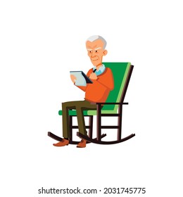man pensioner sitting in rocking chair and writing plan in notepad cartoon vector. man pensioner sitting in rocking chair and writing plan in notepad character. isolated flat cartoon illustration