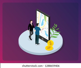 a man people access wireless geo geographic maps location on smartphone apps mobile navigation with isometric style - vector illustration