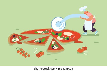 Man People Baking and Eating Huge Pizza. Male Character Cut with Knife, Take Piece of Tasty Italian Food. Fast Food, Cafe, Bistro Visitors. Cartoon Flat Vector Illustration