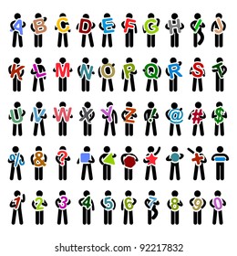 Man People Carrying Holding Colorful Alphabet Text from A to Z Icon Symbol Sign Pictogram