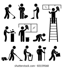 Man People Cleaning Washing Wiping Sweeping Vacuum Cleaner Worker Pictogram Icon Symbol Sign