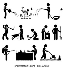 Man People Gardening Work Watering Plant Flower Cutting Fertilizer Insecticide Grass Pictogram Icon Symbol Sign