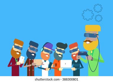 Man People Group Hold Laptop, Tablet, Smart Phone, Remote Console Wear Digital Glasses Flat Vector Illustration